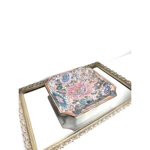 Set of Two Chinioserie Vintage Andrea by Sadek Floral Ceramic Square Trinket